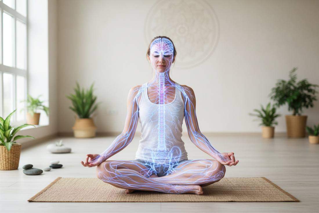 Nervous system overlay on woman doing yoga
